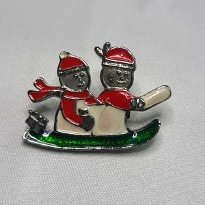 Snowmen on a Sled Enamel Collector Lapel Pin